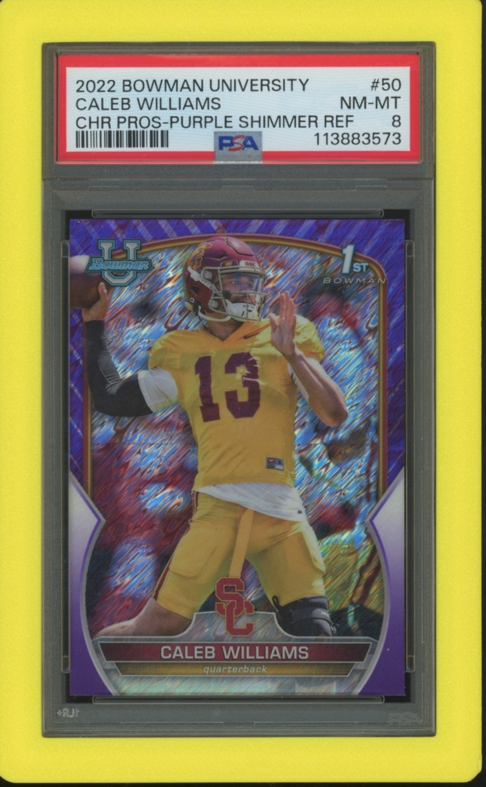 2022 Bowman University Chrome Caleb Williams Purple Shimmer Refractor #50 PSA 8