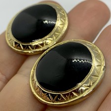 Vtg Egyptian Tribal Black Enamel Goldtone Round Statement Earrings Post Round