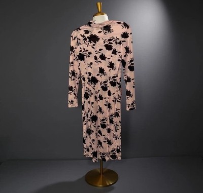 CBR SHEER DRESS SIZE M JUNIOR PINK W BLACK FLORAL MIDI  HIGH SLITS  BAND COLLAR
