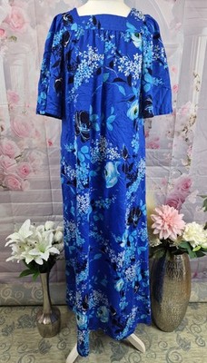 Vintage Otaheite Honolulu Muumu Kleid blau Blumen Maxi Rindenstoff Stil UK 12