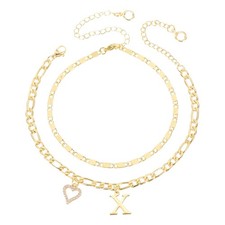 Initial Heart Ankle Bracelets for Women, Letter X Layered Anklets, Gold Tone