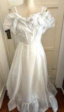 VTG 70's Roberta California Prairie White Ruffle off Shoulder Maxi Gown M