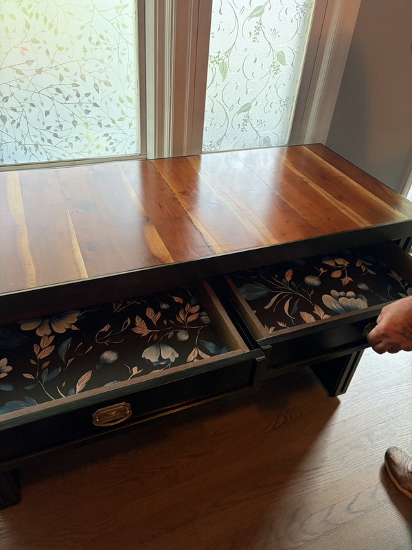 Writing Desk 50x21 1/4x31 1/2 in, 2 Drawers, Dark Wood Top, Black Base