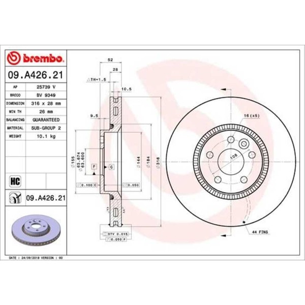 Brembo 2X Bremsscheibe Vorne Ø316 Mm InnenbelüFtet FüR Volvo V60 155 157 2.0-image