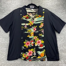 Paradiso Womens Large Hawaiian Floral Rayon Top Button Front Black Blouse