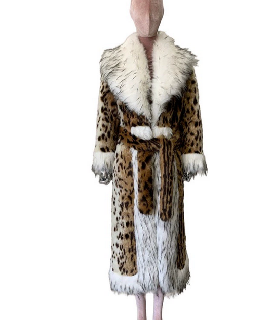 American Style Womens Leopard Print Long Coat Faux Fur Lapel Collar Overcoat
