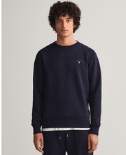 Image of GANT Mens Crew Neck Jumper Sweater Crew Neck Slim Fit Cotton Beige Navy Red