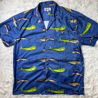 Uzzi Amphibious Gear Hawaiian Fishing Shirt Men's Large Blue Mahi Mahi Marlin Bu