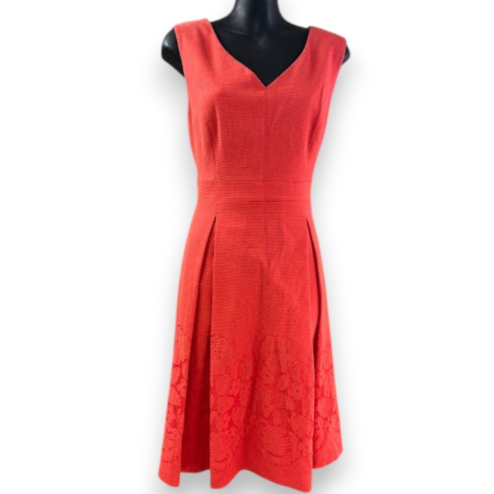 Jacqui E Size 12 Coral Red Fit and Flare Dress Fully Lined Textured Midi