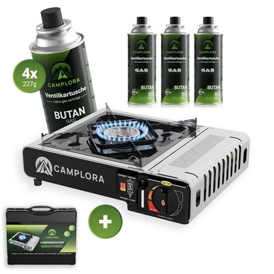 Camplora Campingkocher mit Piezozündung mit 4x MFS1-a Gaskartusche 227g Gaskoche