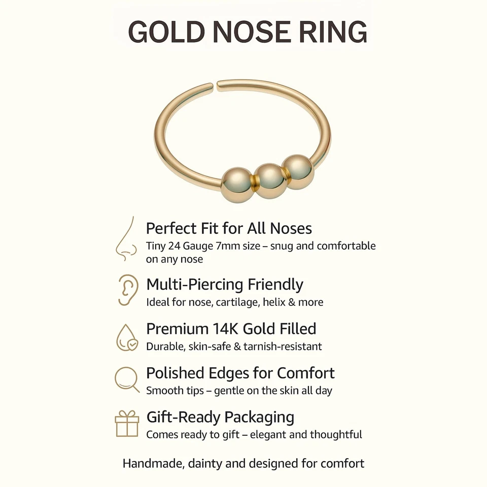 Anillo nariz con cuentas de 7 mm relleno de oro de 14 k aro piercing delicado pequeño ajuste cómodo joyería Foto 3 de 4