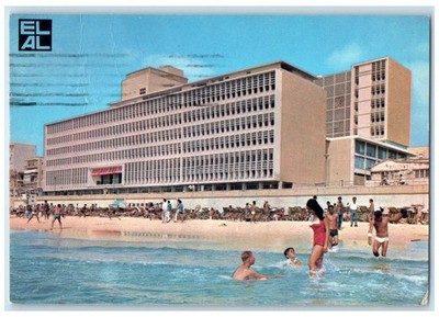 1966 Beach Scene Dan Hotel Tel Aviv-Yafo Israel EL AL Israel Airlines Postcard