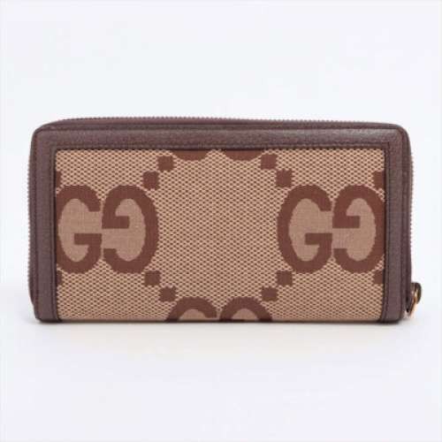 GUCCI Jumbo GG Bamboo Canvas x Leather Round Zip Brown