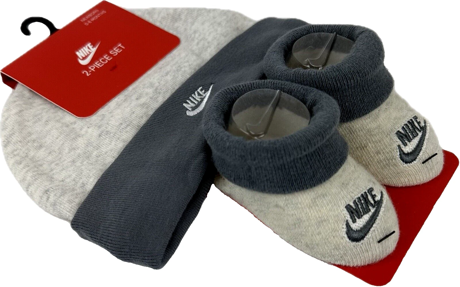 Nike Baby Grey Off White Ankle Cotton Swoosh Logo Beanie Booties Set Sz 0-6 MO
