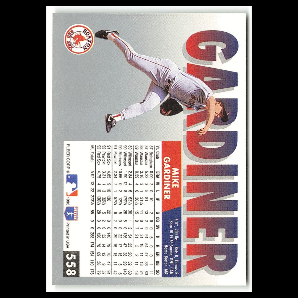 Mike Gardiner #558 1993 Fleer Boston Red Sox Baseball Card MLB NM