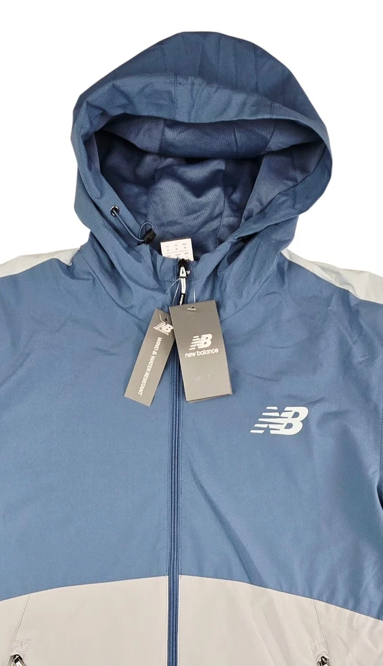 New Balance Woven Water Resistant Lined Hooded Jacket Blue Gray Mens Medium NWT - Image 2 of 4
