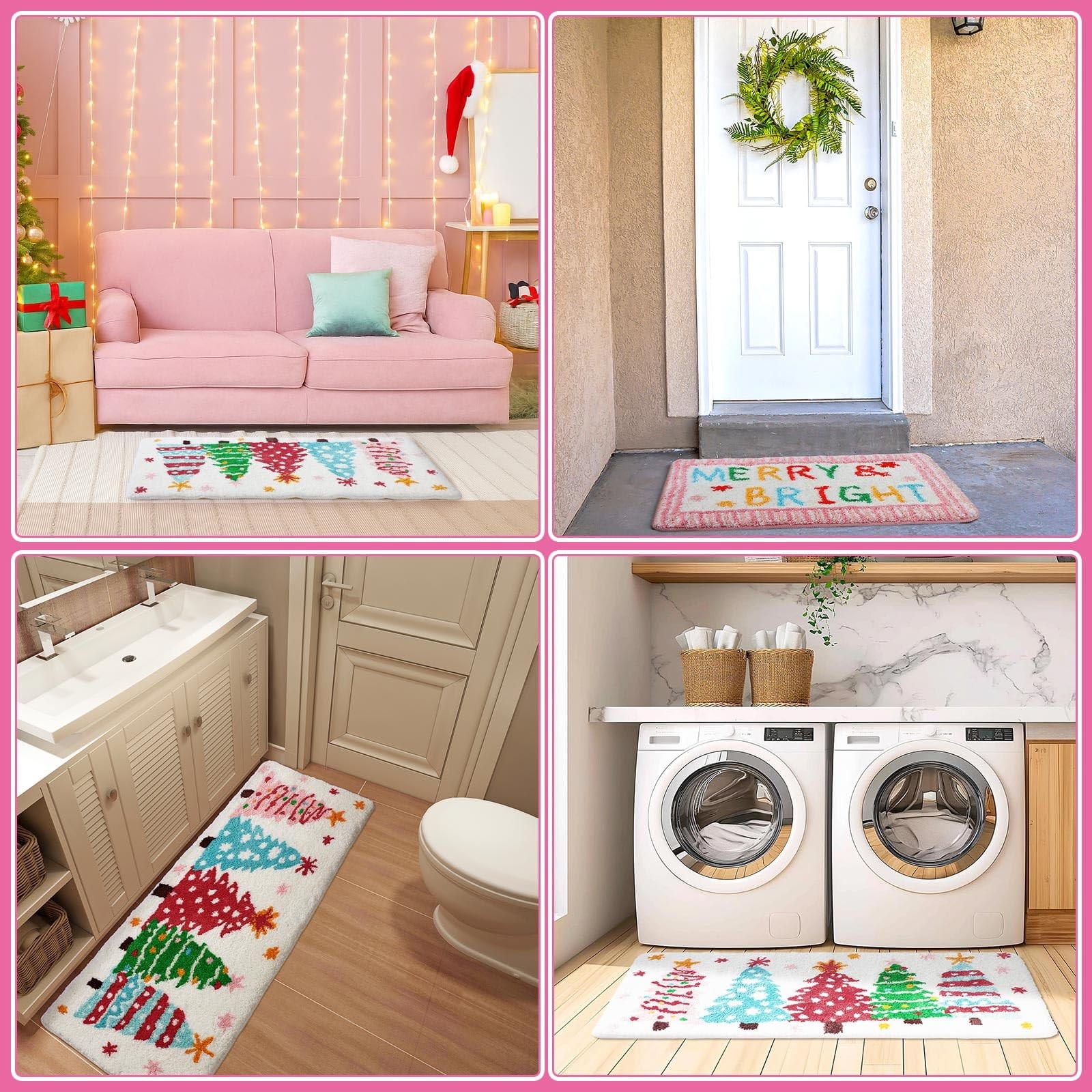 2 Pcs Christmas Bathroom Mat Set Soft Plush Pink Christmas Tree Bath Rugs Non...