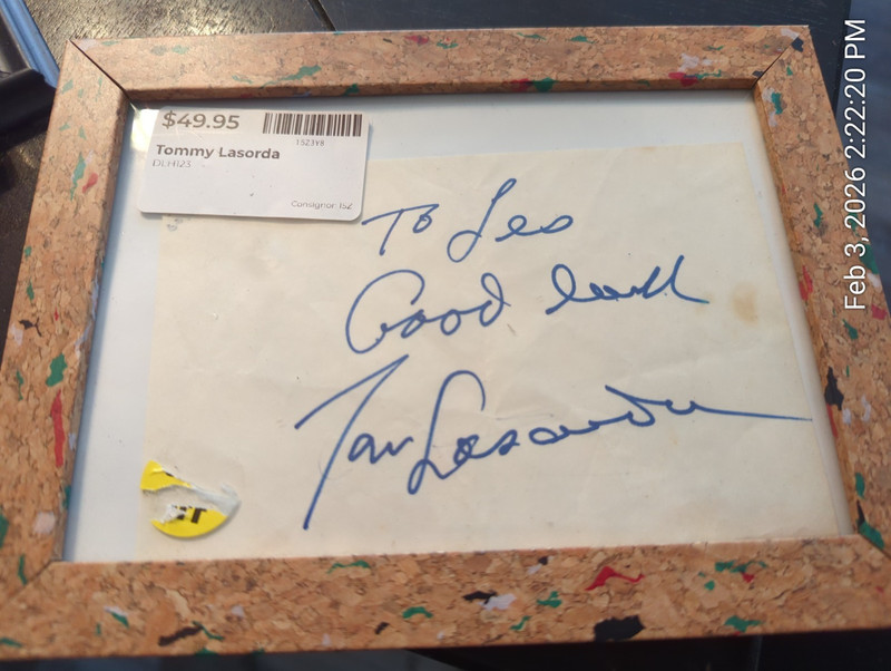 Tom Lasorda index Card Autographed LA Dodgers/ Personalized/FRAMED