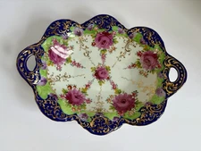 Antique Cobalt Blue Hand Painted Pink Rose Gold Handle China Serving Bowl Nippon