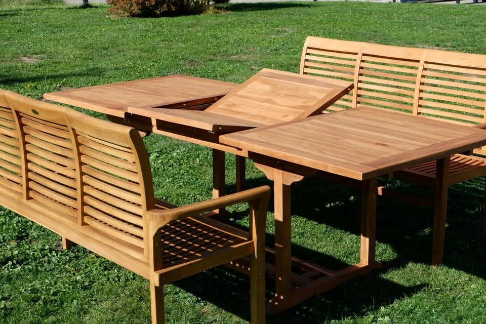 TEAK Set Gartengarnitur Ausziehtisch 150-210cm x 90cm + 2 Bänke 150cm Holz JAV - Bild 3 von 4
