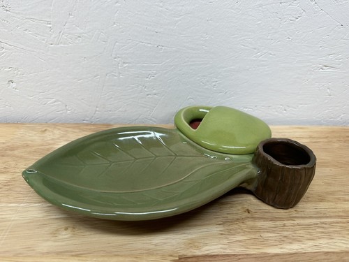 RED WING USA Pottery Olive Serving Platter 9” Dish Pitts Toothpick Holder - Afbeelding 1 van 4