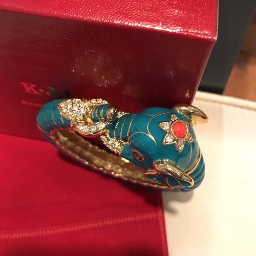 Kenneth Jay Lane Enamel Teal Raj Elephant Limited Edition Bangle Bracelet - Picture 5 of 10