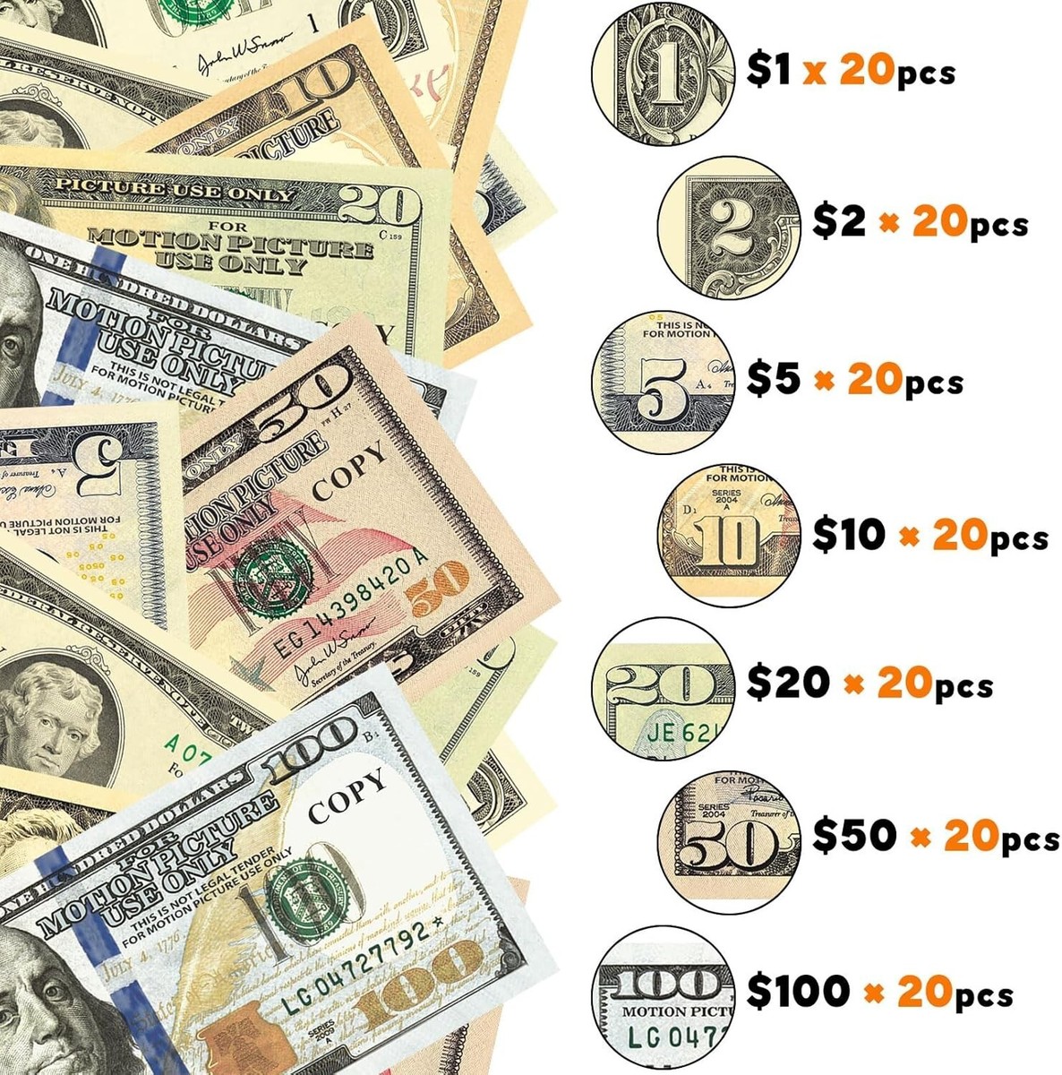 Bukezudang 120 Foglio Dollari Simulati, Prop Money, Dollari da Gioco, 100$ Dollaro Americano, Soldi Finti, Dollari Simulati, Playset di Cash per Oggetti di Scena Cinematografici, Giochi da Casinò