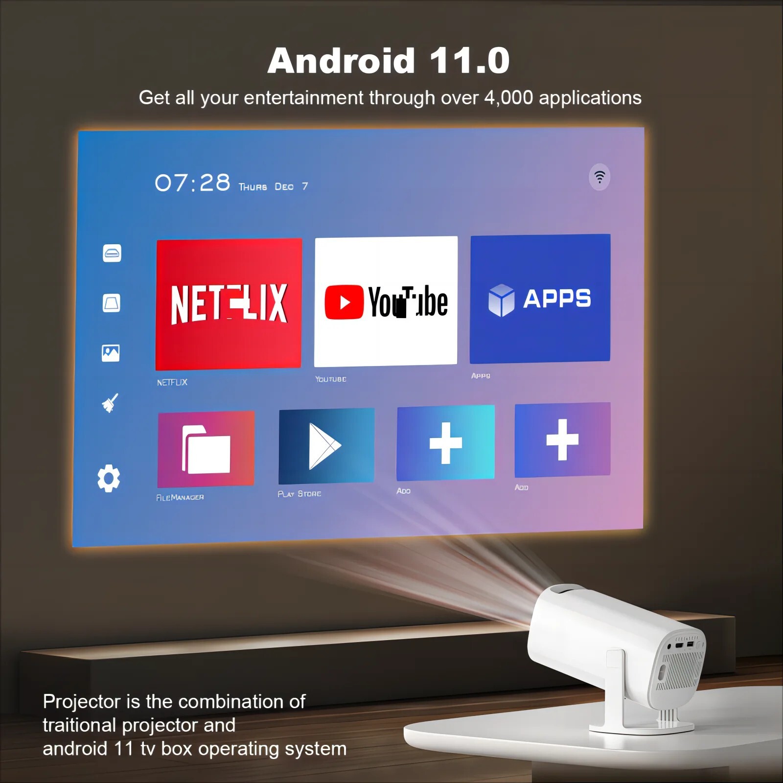 Vidéoprojecteur Android 11 intelligent doté du Bluetooth 2.4G pour grand écran