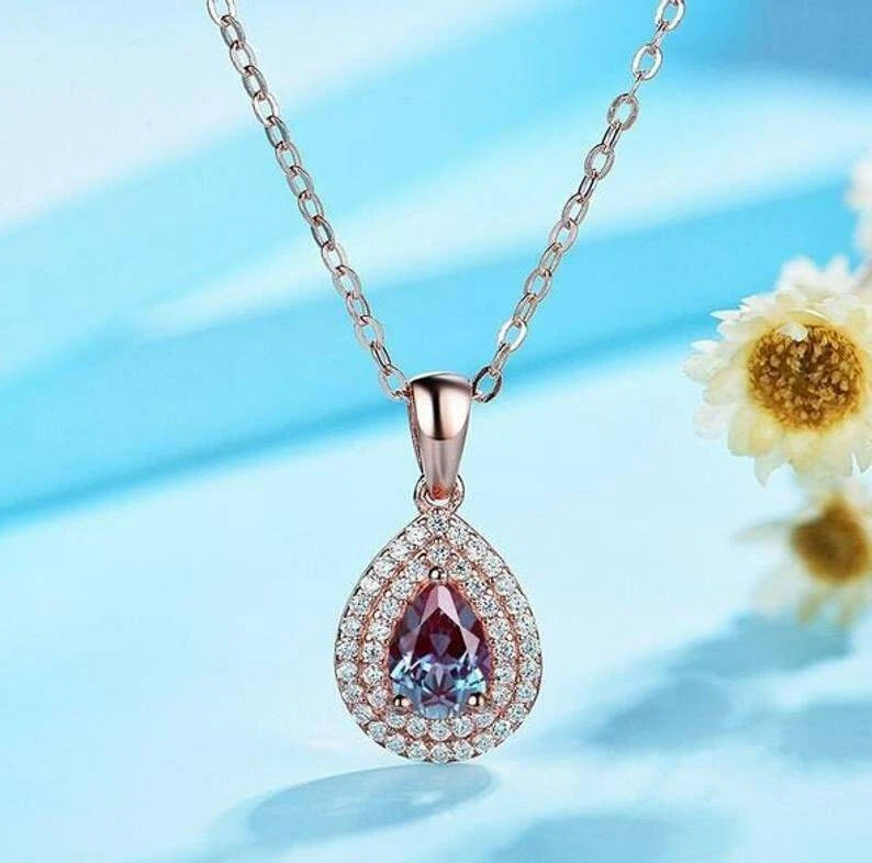 Pear Alexandrite Necklace June Birthstone Color Changing Pendant Silver Pendant - Image 2 of 4