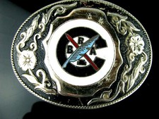 BLACK & SILVER GUILLOCHE ENAMEL "B.R.A C - FEATHER - WHITE BLUE" BELT BUCKLE