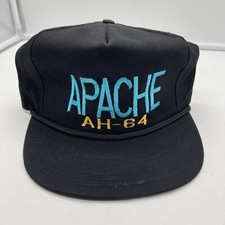 Vintage Strap Back Apache AH-64 Embroidered All Black Rope Brim Made In USA