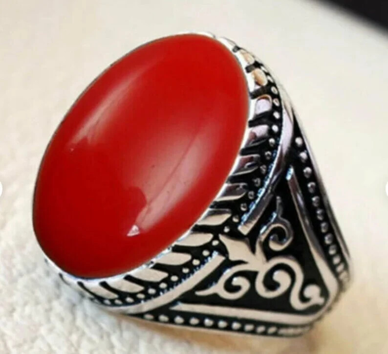 Coral Gemstone Ring 925 Sterling Silver Handmade Ring Men's Ring