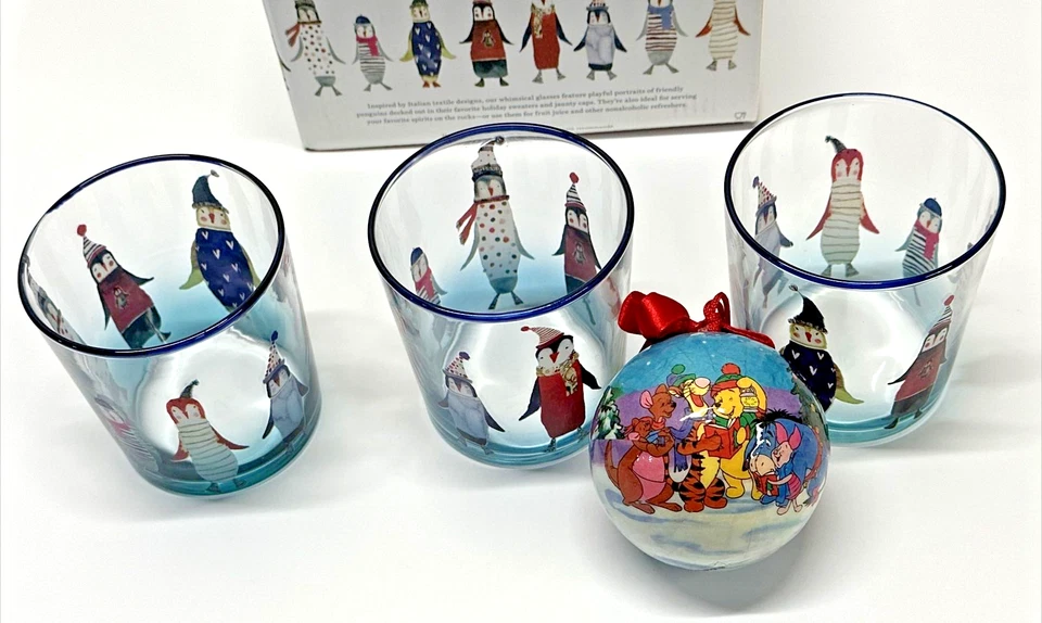 3 Williams Sonoma Natale Penguin Collection Old-Fashioned Glasses + Pooh Ornamnt - Image 2 of 4