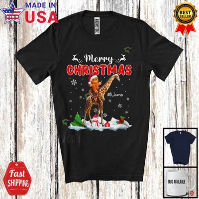 Custom Name Merry Christmas; Lovely Gingerbread Riding Giraffe Animal T-Shirt
