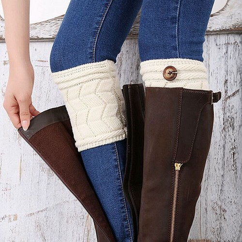 Women Solid Knitted Crochet Leg Warmer Short Socks Striped Button Boot Socks - Picture 4 of 11