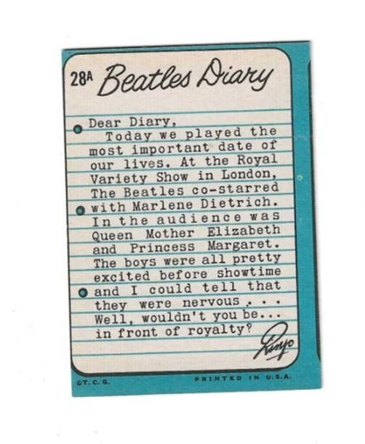 1964 TOPPS BEATLES DIARY CARD NEAR MINT CARD # 28A - Picture 2 of 2