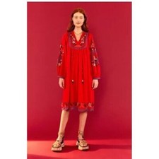 Farm Rio Red Embroidered Midi Dress Beaded Long Sleeve Cotton Resort XS 251786