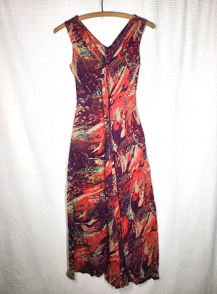 Vestido de malha vintage anos 70 estampa cósmica frente drapeada midi XS S difuso algo boho retrô - Imagem 4 de 4