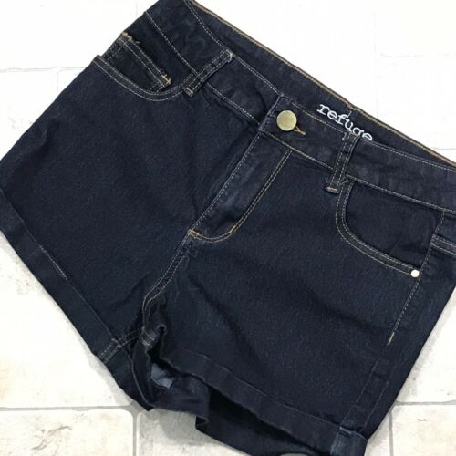 Refuge Dark Wash Blue Denim Jean Booty Shorts Size 8 Roll Cuffs 2% Spandex  - Picture 1 of 10
