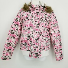 Element Winter Coat White Pink Womens Faux Fur Hood Graphic Size Medium