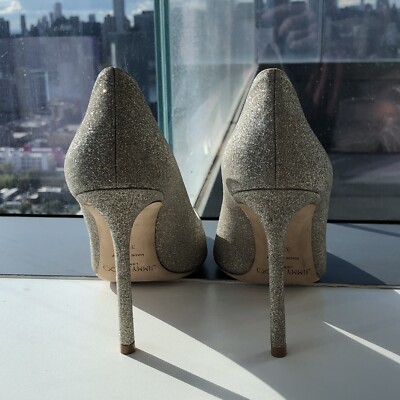 JIMMY CHOO Romy 100 Platinum Ice Dusty Glitter Pointy Toe Pumps