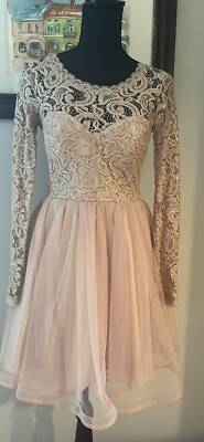 sequin hearts homecoming dresses Pink beige Lace Wedding Party Dress Size 3 fitting sheath silhouette features