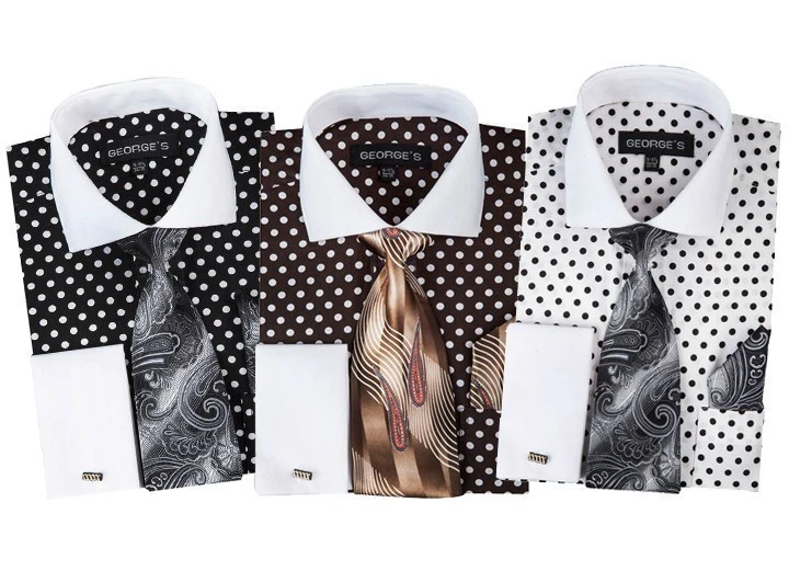 Camisa de vestir de puño francés con diseño de lunares para hombre conjunto de 3 piezas talla 15~20 Foto 3 de 4