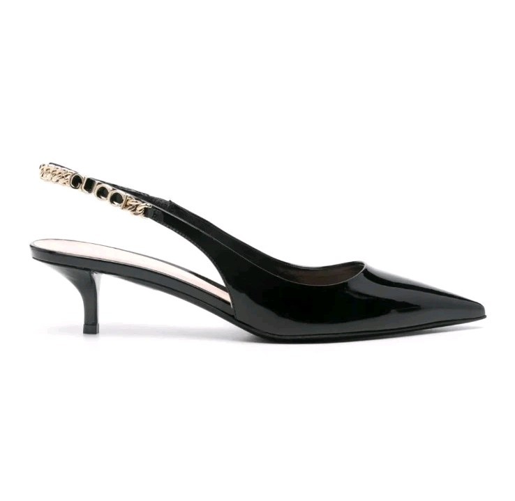 $1200 Gucci Signoria Logo Chain Slingback Pumps Patent Leather Black EU 38 US 8