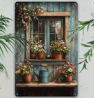 Rustic Vintage Wall Decor Farmhouse French Country Flower Pots Window Metal Sign