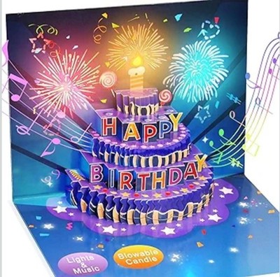 Fireworks Birthday Card 3D Pop Up Blowable Cake Greeting Cards with Lights 