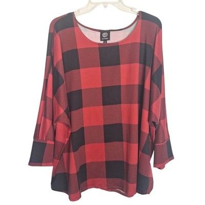 Bobeau Plaid Blouse Top 3/4 Sleeve Scoop Neck 3X Womens