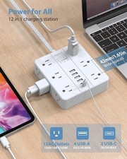 Power Strip Flat Plug with 12 Outlets 6 USB 2 USB C Surge Protector 10 Ft White