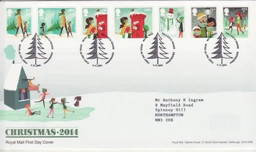 GB Stamps First Day Cover Christmas, mail, skate, postbox, carol singer SHS 2014