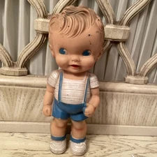 Vintage 1950s Sun Rubber Co. Ruth E. Newton Toy- Boy With Blue Overalls 8”. Flaw